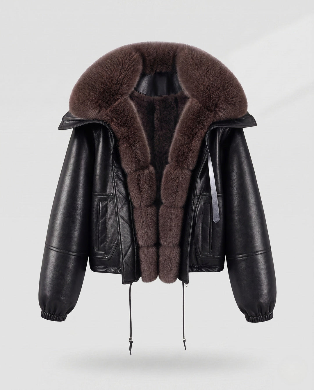 Dam Nano Kort Flight Jacka i Lambskin Look med Voluminous Faux Fur Krage och Drawstring