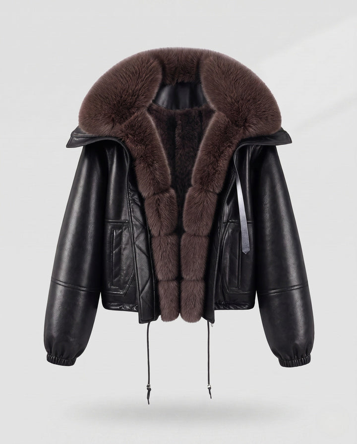 Dam Nano Kort Flight Jacka i Lambskin Look med Voluminous Faux Fur Krage och Drawstring
