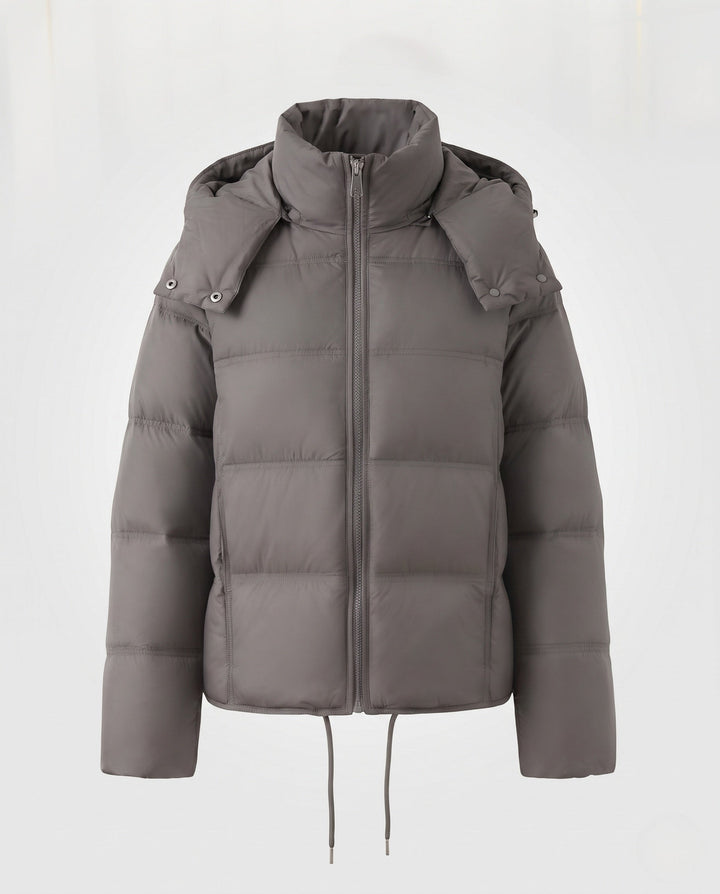 Dam Kort Quiltad Crop Jacka med Avtagbar Huva Kant och Two-Way Dragkedja