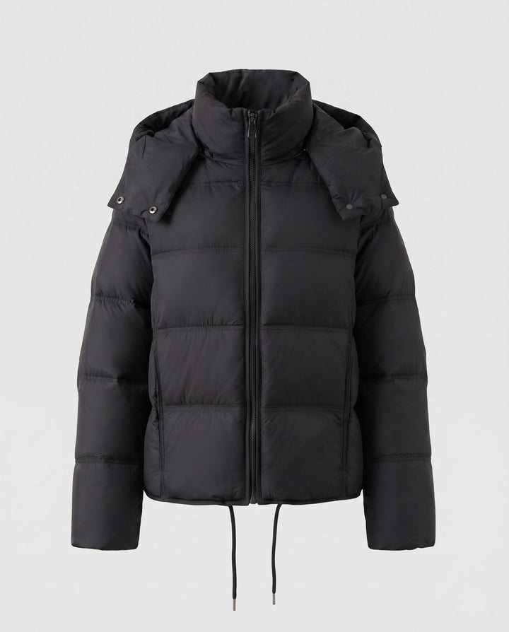 Dam Kort Quiltad Crop Jacka med Avtagbar Huva Kant och Two-Way Dragkedja