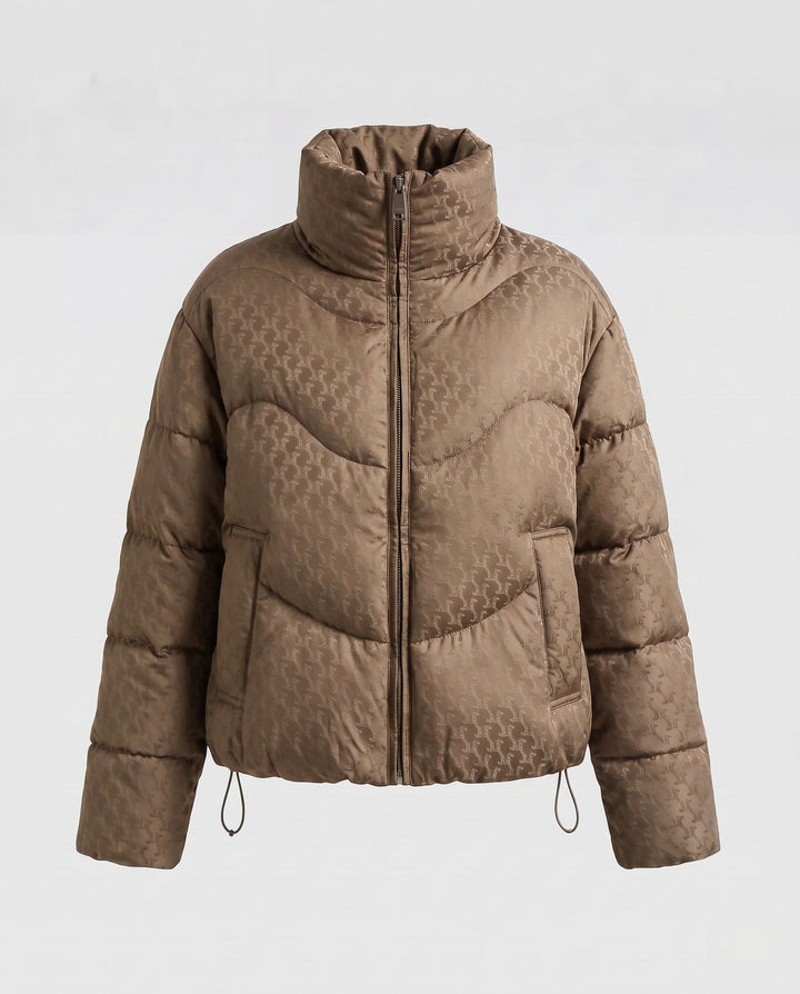 Dam Kort Quiltad Vadderad Jacka med Hög Stå Krage, Hundtand Mönster, och Drawstring Nederkant