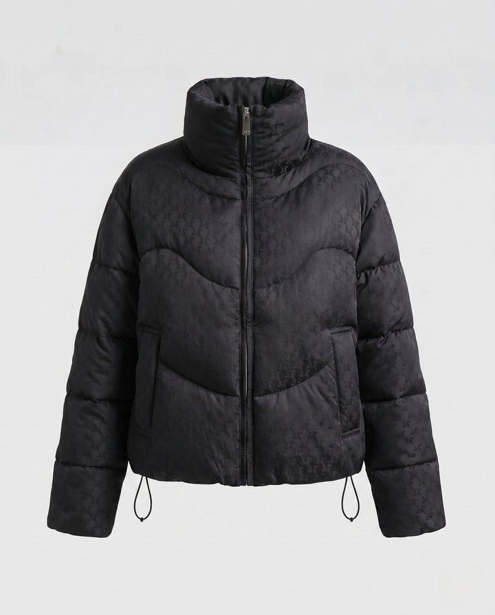Dam Kort Quiltad Vadderad Jacka med Hög Stå Krage, Hundtand Mönster, och Drawstring Nederkant