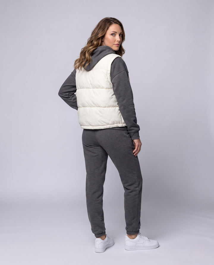 Dam Kort Quiltad Puffer Väst med Drawstring Nederkant, Tryckknapp Knapp och Dragkedja Front