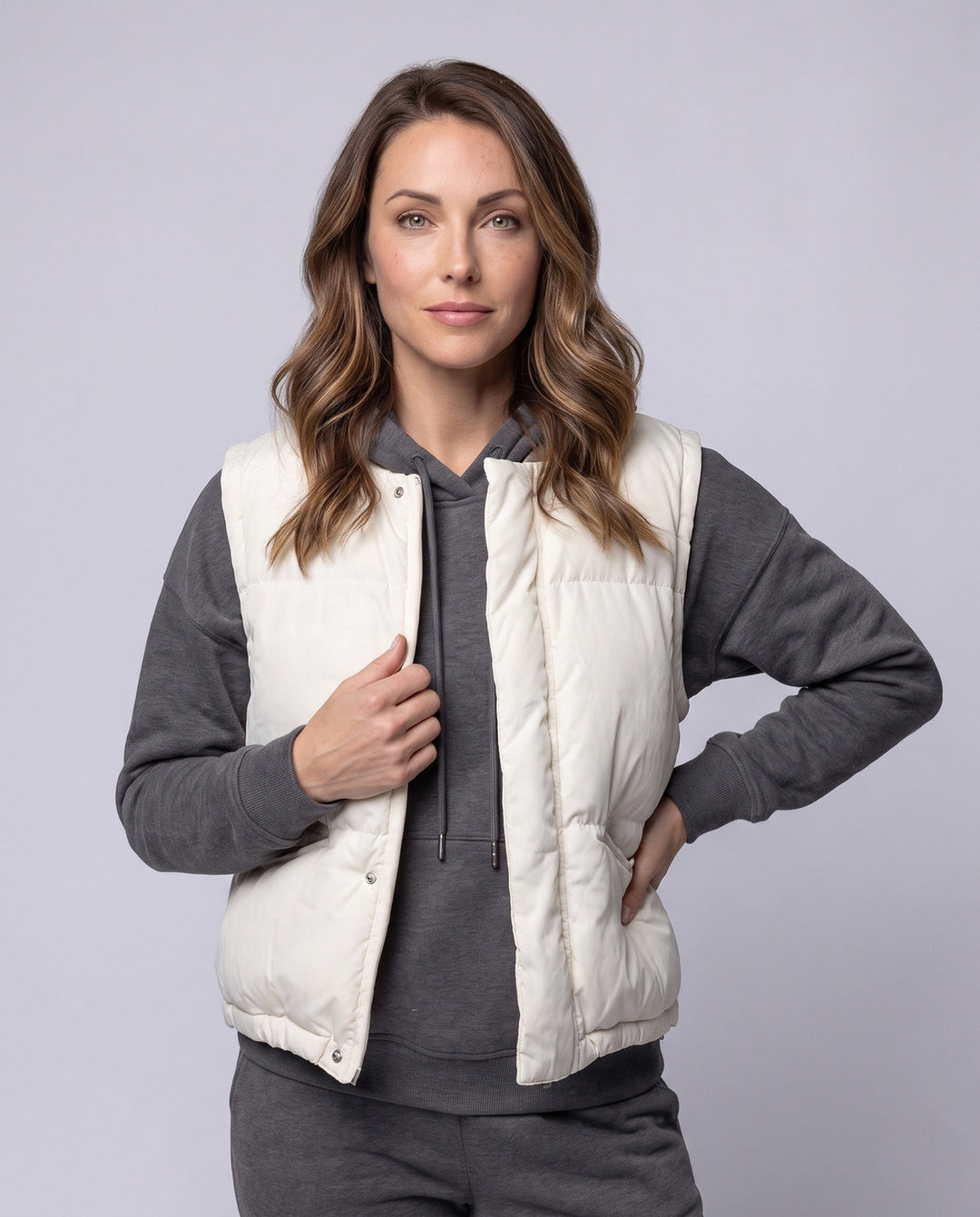 Dam Kort Quiltad Puffer Väst med Drawstring Nederkant, Tryckknapp Knapp och Dragkedja Front
