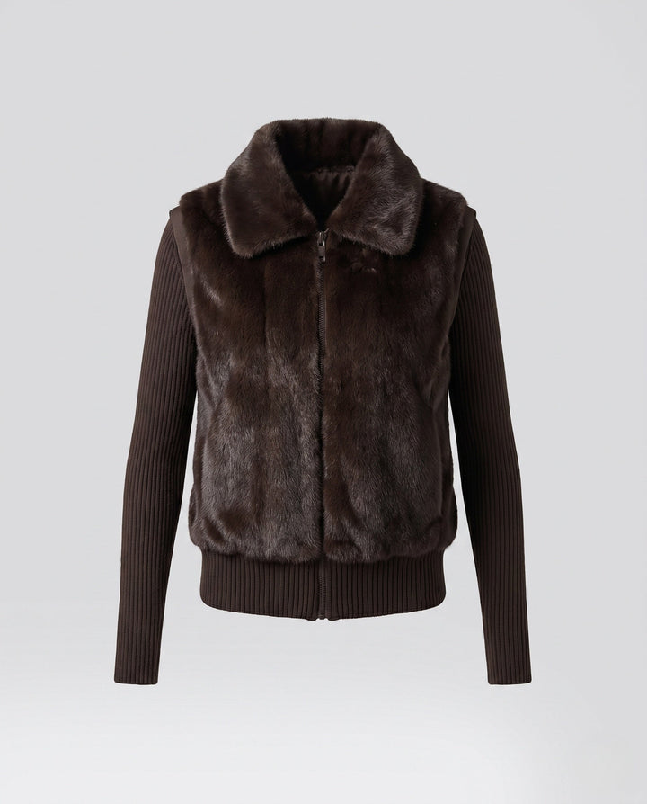 Dam Kort Faux Fur Väst i Layered Look med Ribbed Stickad Nederkant