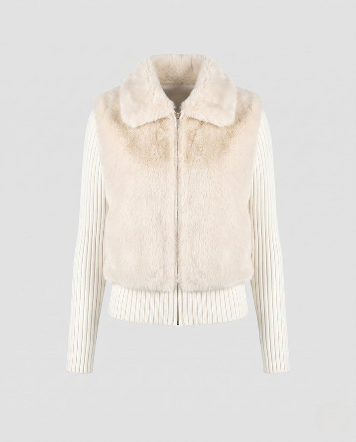 Dam Kort Faux Fur Väst i Layered Look med Ribbed Stickad Nederkant