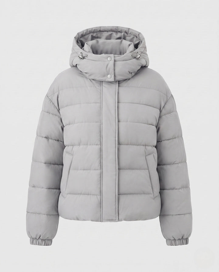 Dam Kort Vadderad Kort Quiltad Jacka med Hög Standing Krage och Vindtät Outer Shell