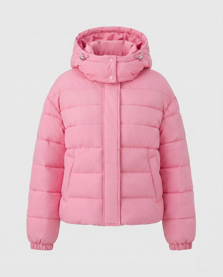 Dam Kort Vadderad Kort Quiltad Jacka med Hög Standing Krage och Vindtät Outer Shell