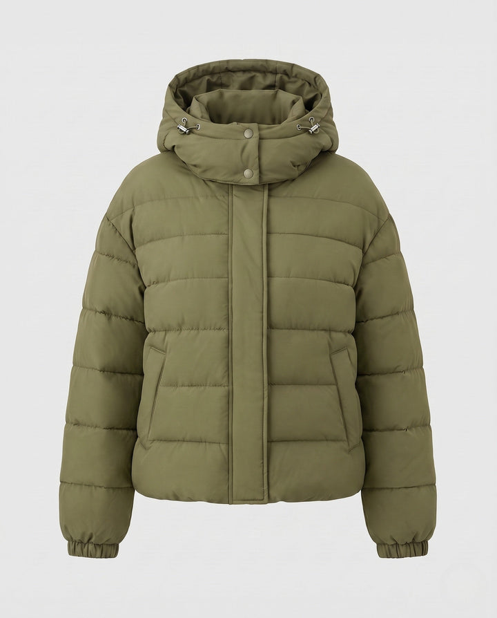 Dam Kort Vadderad Kort Quiltad Jacka med Hög Standing Krage och Vindtät Outer Shell