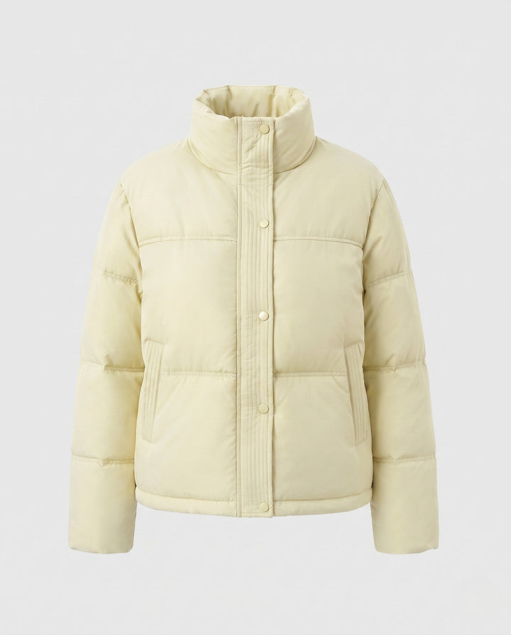 Dam Kort Boxig Puffer med Ergonomisk Stå Krage och Dold Tryckknapp Knapp Knäppning