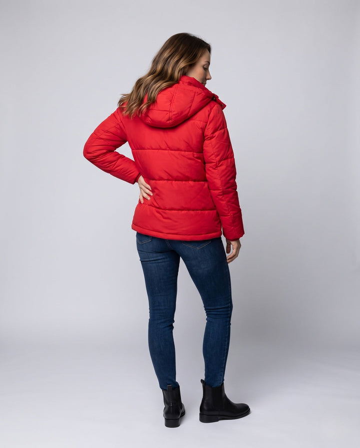 Dam Kort Boxig Quiltad Parka med Hög Krage Kant, Huva, och Mjuk Microfleece Foder