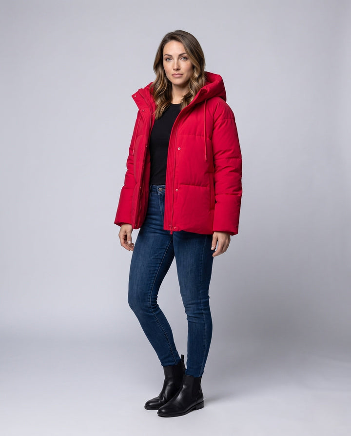 Dam Kort Boxig Quiltad Parka med Hög Krage Kant, Huva, och Mjuk Microfleece Foder