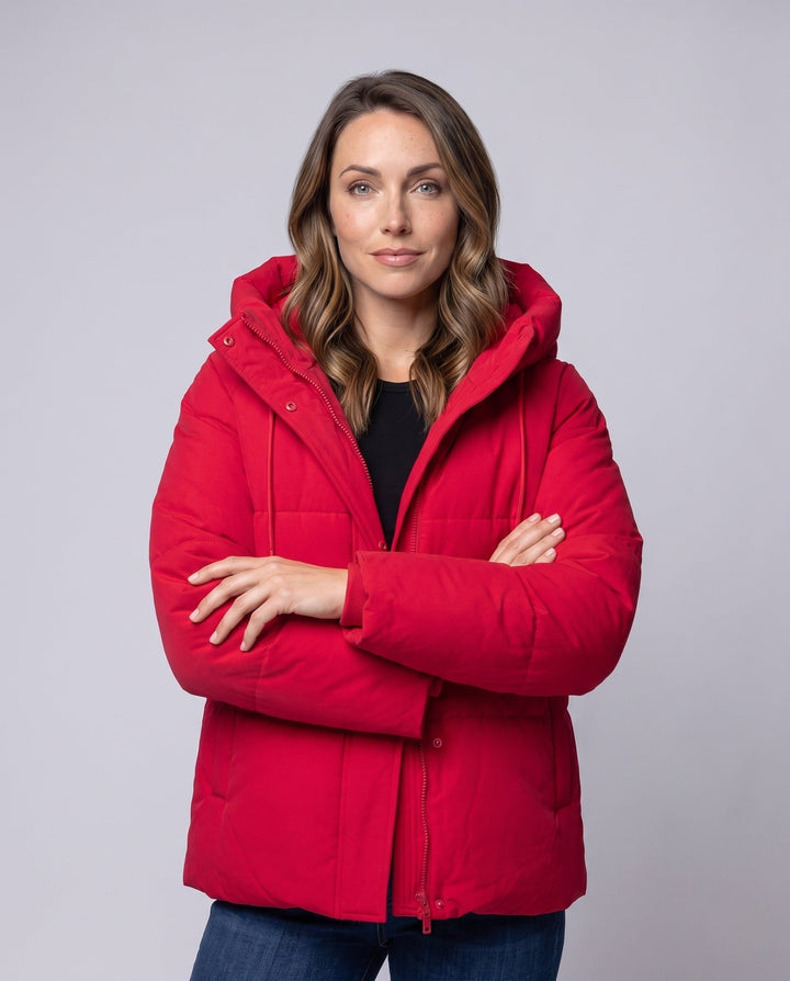 Dam Kort Boxig Quiltad Parka med Hög Krage Kant, Huva, och Mjuk Microfleece Foder