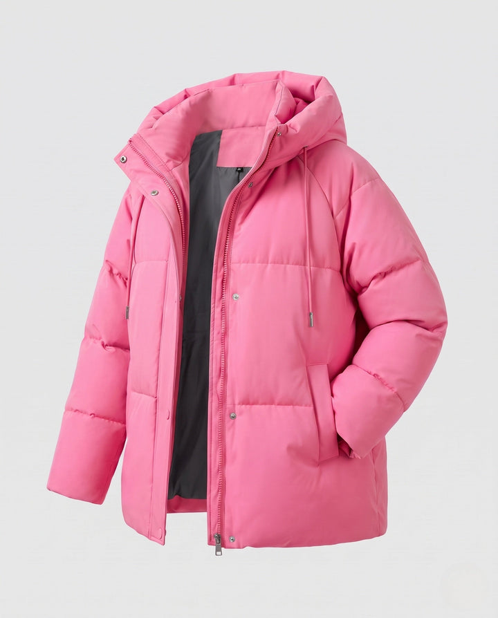 Dam Kort Boxig Quiltad Parka med Hög Krage Kant, Huva, och Mjuk Microfleece Foder