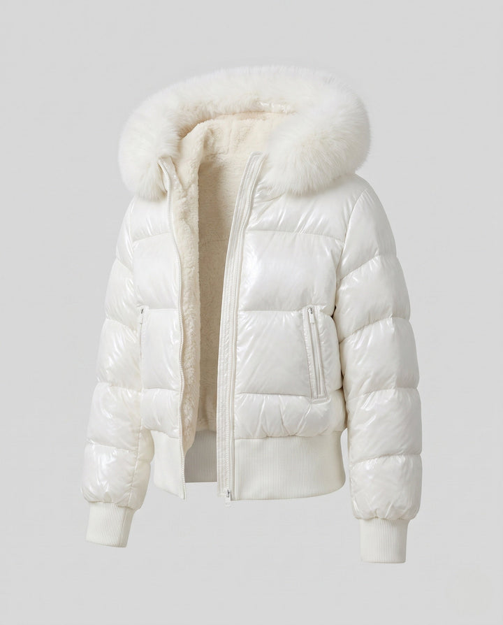 Dam Kort Shiny Pufferjacka med Oversized Konstpäls Huva och Teddy Foder
