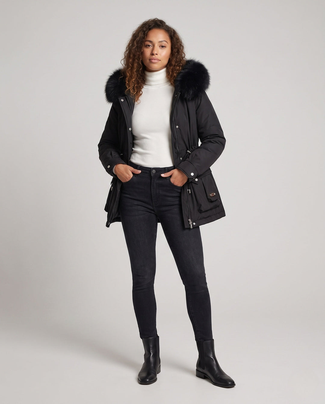 Dam Kort Isolerad Utility Parka med Modular Cargo Fickor och Voluminous Fur Krage
