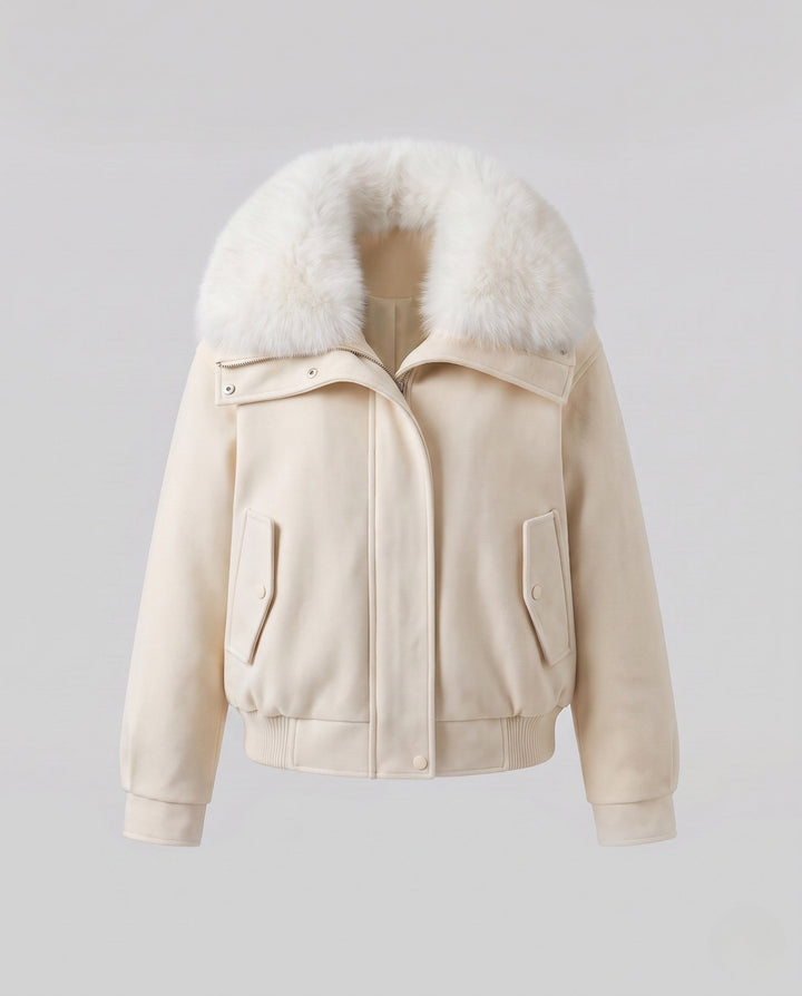 Dam Kort Lambskin Imitation Aviatorjacka med Voluminous Faux Fur Krage