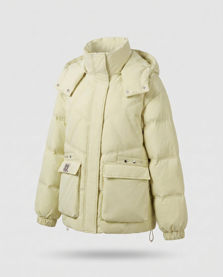 Dam Kort Thermo Parka med Oversize Huva, Lock Fickor, och Side Dragkedja Details