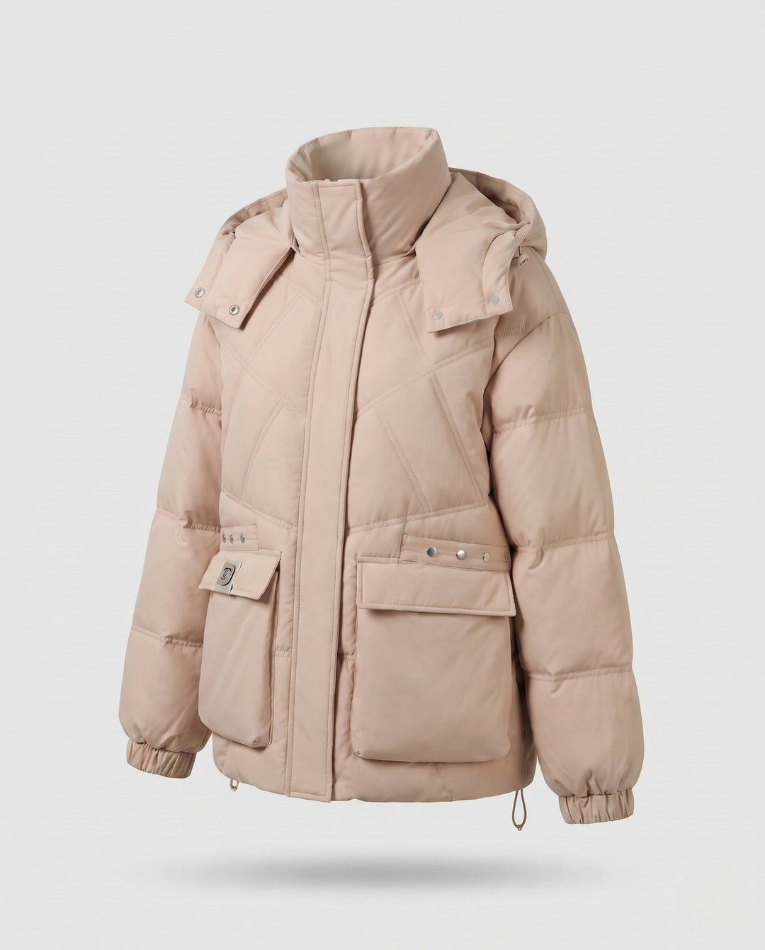 Dam Kort Thermo Parka med Oversize Huva, Lock Fickor, och Side Dragkedja Details