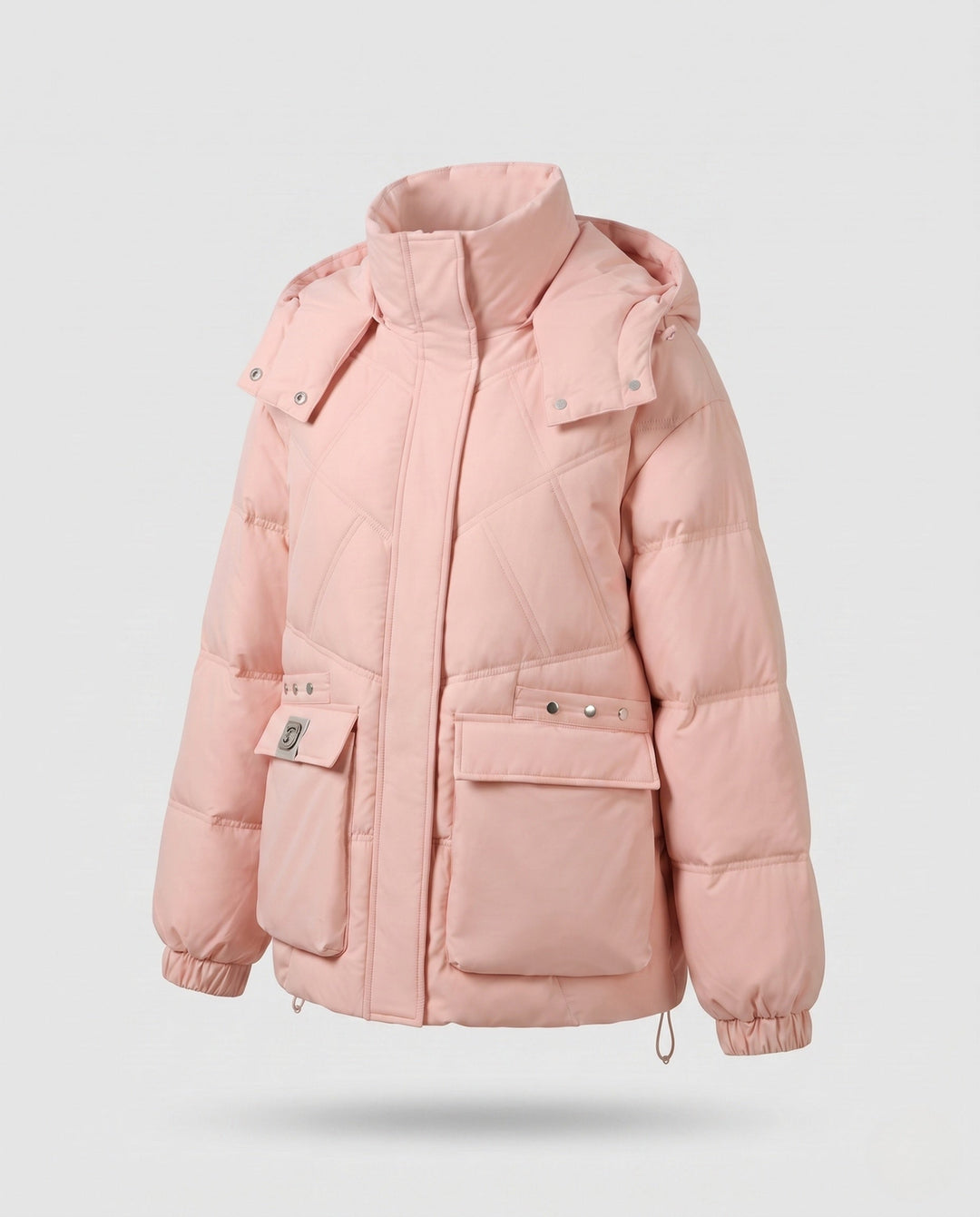 Dam Kort Thermo Parka med Oversize Huva, Lock Fickor, och Side Dragkedja Details