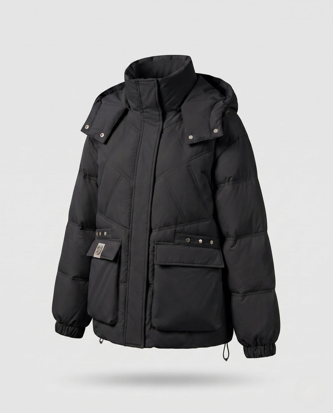 Dam Kort Thermo Parka med Oversize Huva, Lock Fickor, och Side Dragkedja Details