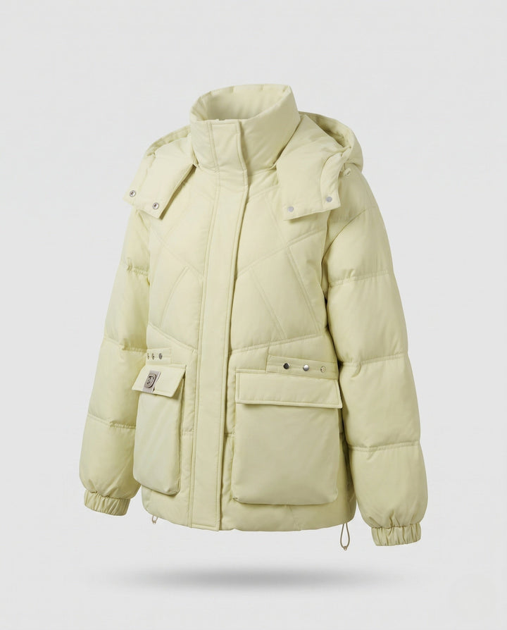 Dam Kort Thermo Parka med Oversize Huva, Lock Fickor, och Side Dragkedja Details
