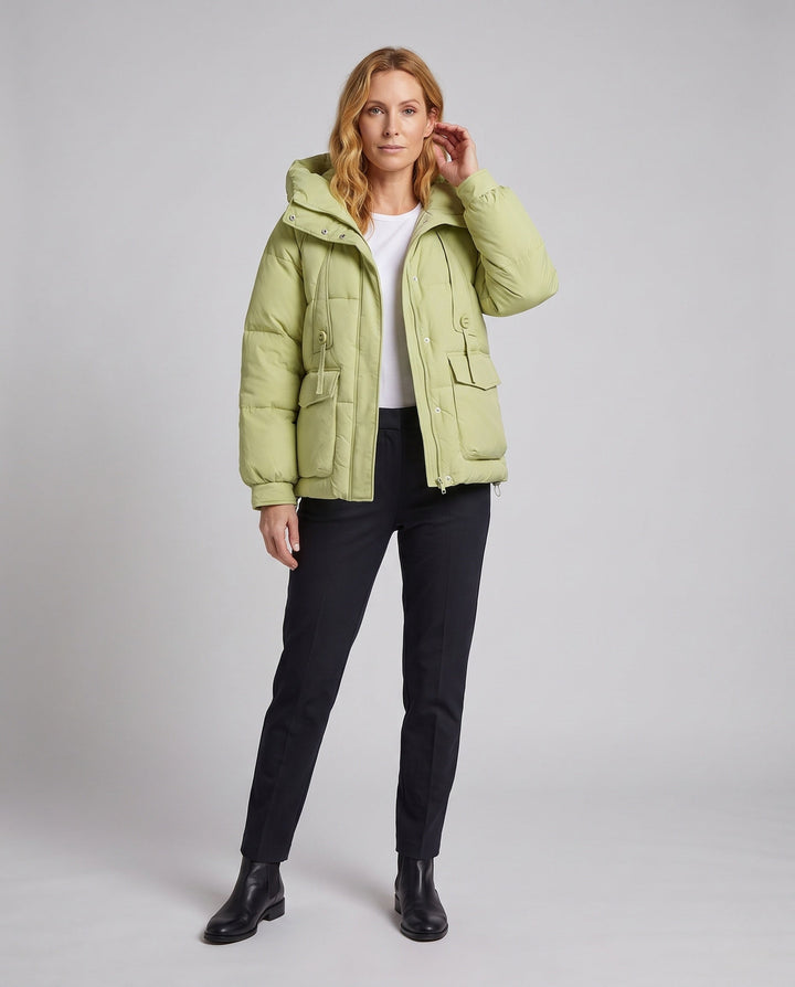 Dam Nano Kort Voluminous Thermo Blouse med Hög-Closing Stå Krage och Multifunctional Lock Fickor