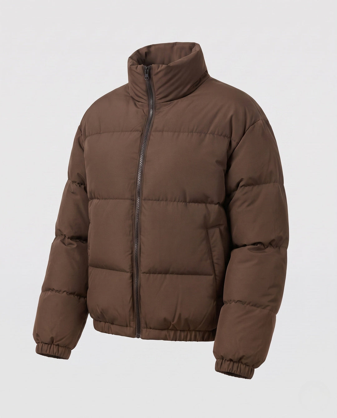 Dam Kort Vadderad Travel Puffer utan Huva med Hög Stå Krage och Elastic Nederkant