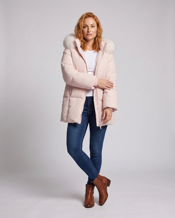 Dam Kort Thermo Puffer med Voluminous Fur Huva och Concealing A-Line Silhuett