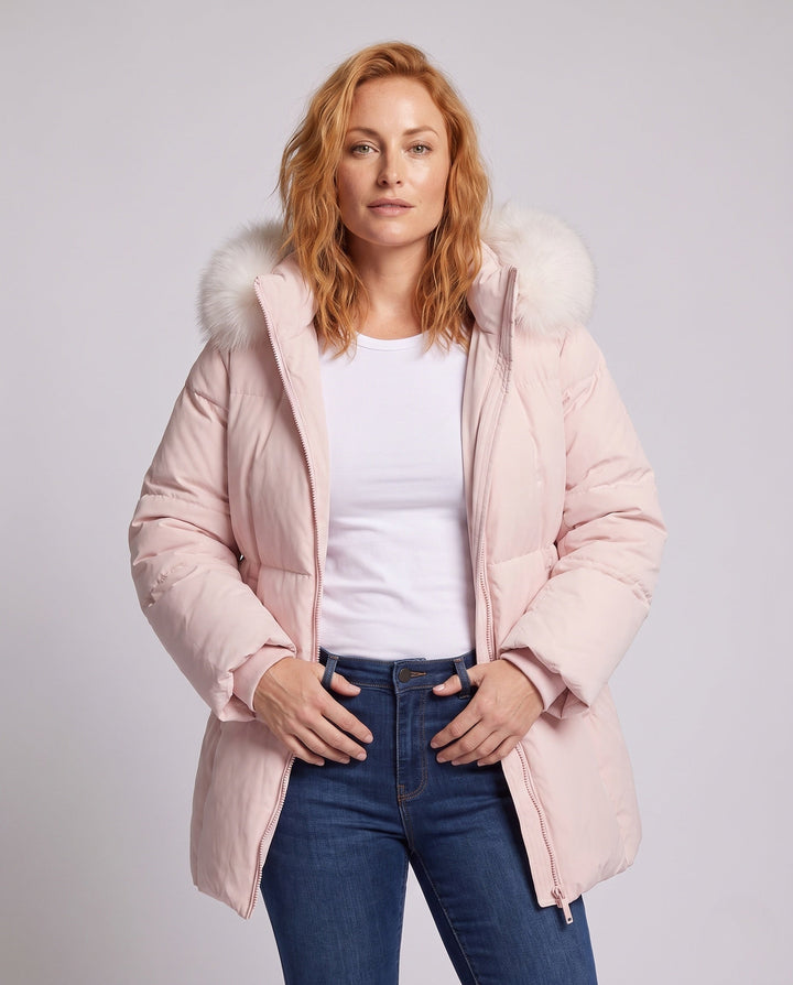 Dam Kort Thermo Puffer med Voluminous Fur Huva och Concealing A-Line Silhuett