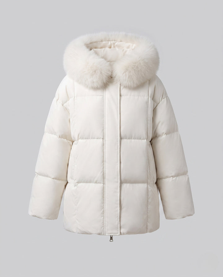 Dam Kort Thermo Puffer med Voluminous Fur Huva och Concealing A-Line Silhuett