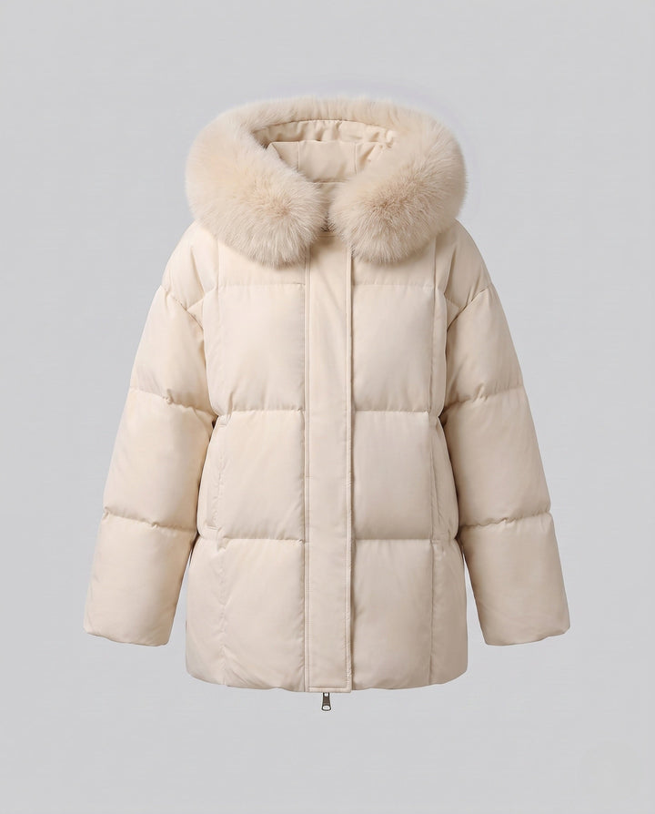 Dam Kort Thermo Puffer med Voluminous Fur Huva och Concealing A-Line Silhuett