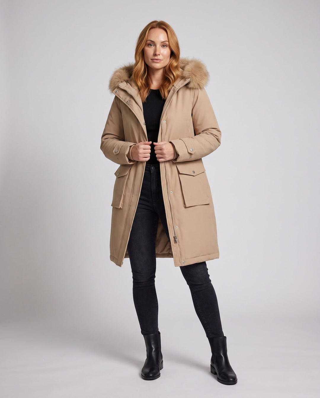 Dam Longer Vadderad Vinter Parka med Avtagbar Fur Huva och Waist Belt