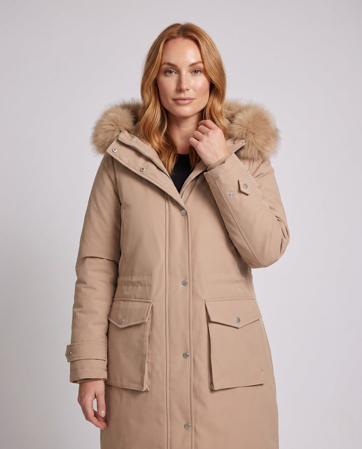 Dam Longer Vadderad Vinter Parka med Avtagbar Fur Huva och Waist Belt