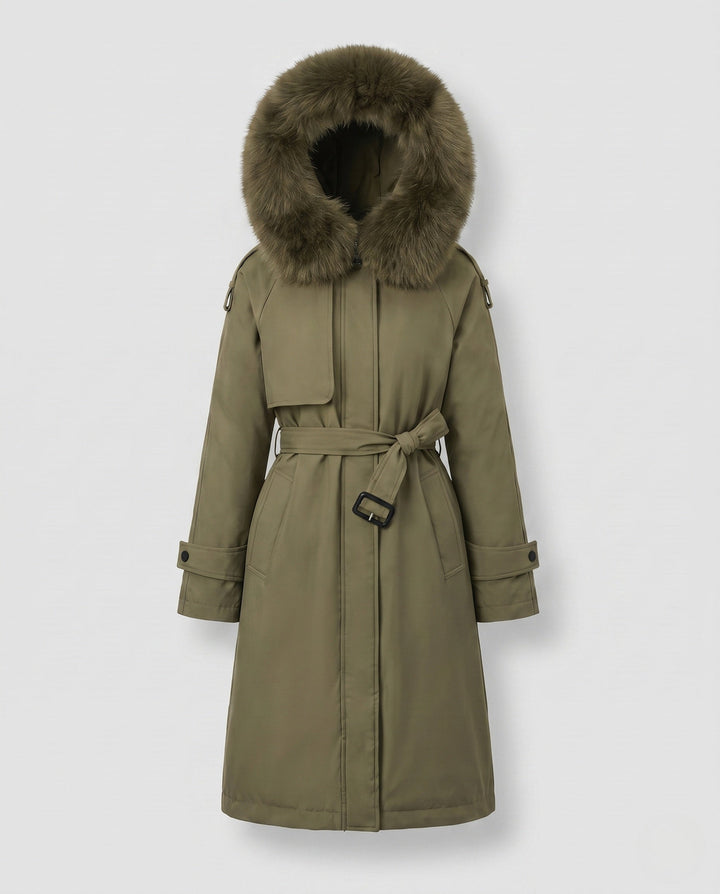 Dam Longer Vadderad Vinter Parka med Avtagbar Fur Huva och Waist Belt