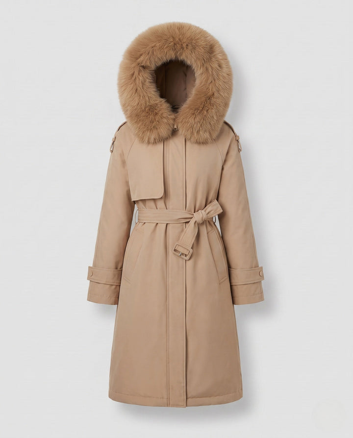 Dam Longer Vadderad Vinter Parka med Avtagbar Fur Huva och Waist Belt