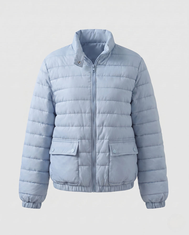 Dam Lätt Kort Quiltad Thermo Vadderad Jacka med Lock Fickor, Elastic Muddar, och Hög Stå Krage