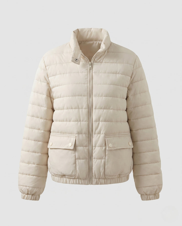 Dam Lätt Kort Quiltad Thermo Vadderad Jacka med Lock Fickor, Elastic Muddar, och Hög Stå Krage