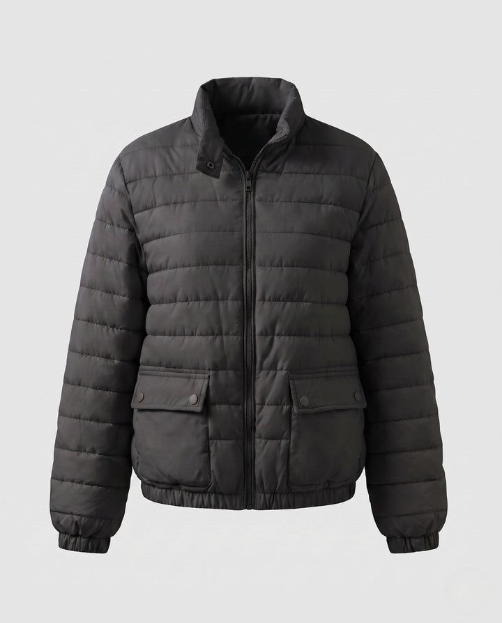 Dam Lätt Kort Quiltad Thermo Vadderad Jacka med Lock Fickor, Elastic Muddar, och Hög Stå Krage