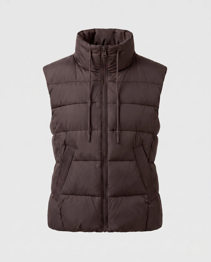 Dam Lätt Vadderad Sleeveless Quiltad Väst med Hög Stå Krage, Two-Way Dragkedja och Justerbar Drawstring Nederkant.