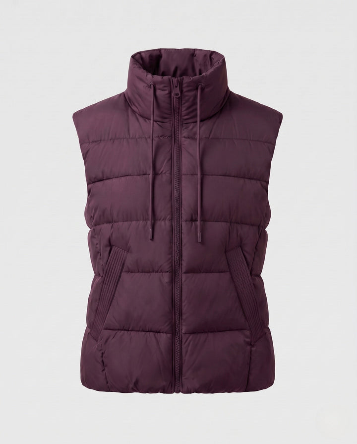 Dam Lätt Vadderad Sleeveless Quiltad Väst med Hög Stå Krage, Two-Way Dragkedja och Justerbar Drawstring Nederkant.