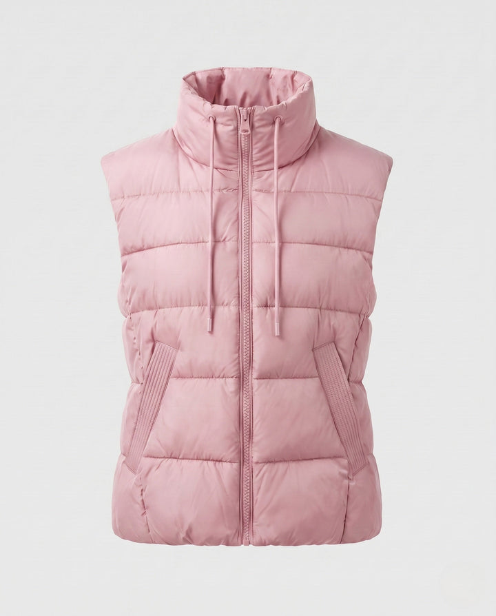 Dam Lätt Vadderad Sleeveless Quiltad Väst med Hög Stå Krage, Two-Way Dragkedja och Justerbar Drawstring Nederkant.