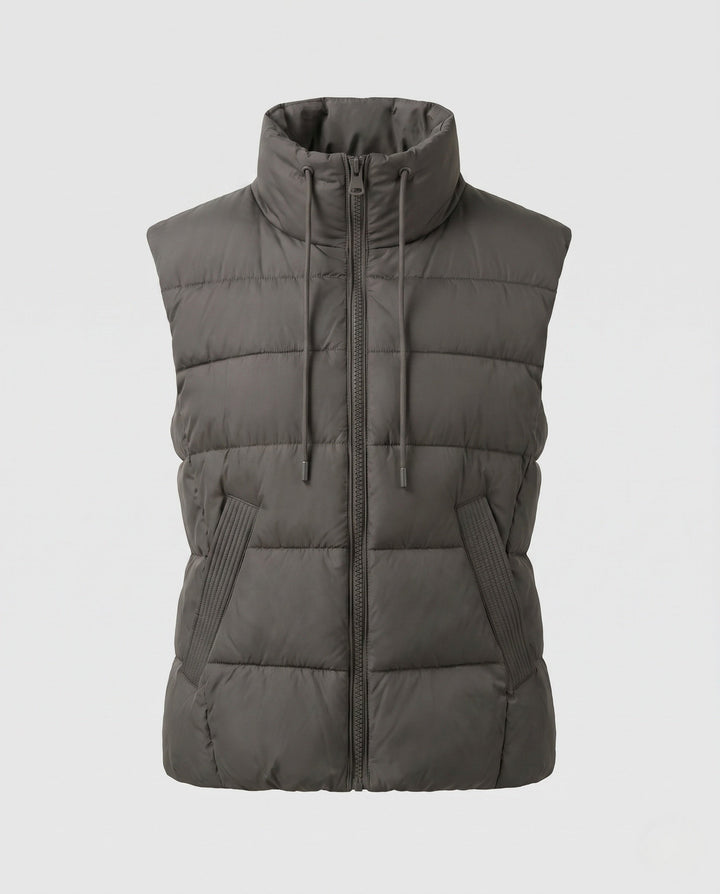 Dam Lätt Vadderad Sleeveless Quiltad Väst med Hög Stå Krage, Two-Way Dragkedja och Justerbar Drawstring Nederkant.