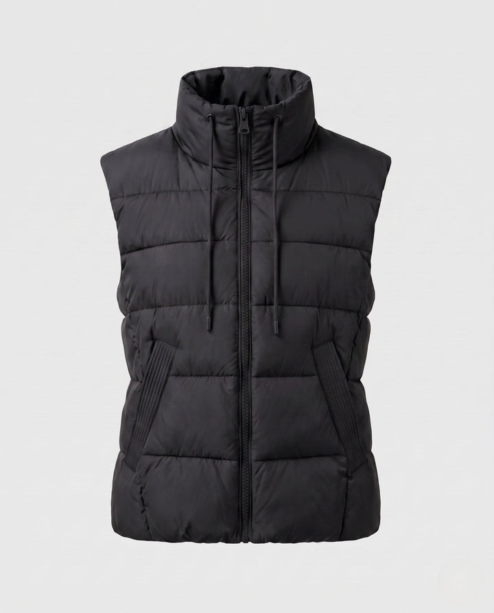 Dam Lätt Vadderad Sleeveless Quiltad Väst med Hög Stå Krage, Two-Way Dragkedja och Justerbar Drawstring Nederkant.
