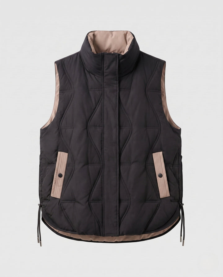 Dam Lätt Vadderad Outdoor Quiltad Väst med Asymmetric Front Panel och Side Drawstring