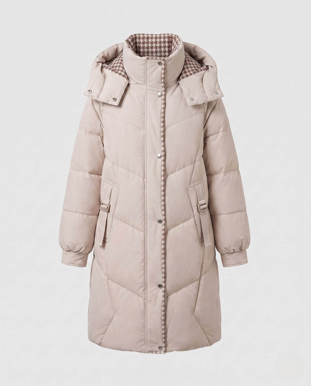 Dam Mid-Length Thermo med Huva Kappa med Asymmetrisk Chevron Quilting och Vindtät Outer Shell