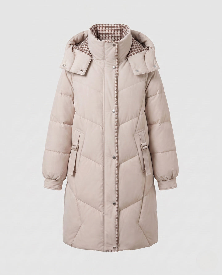 Dam Mid-Length Thermo med Huva Kappa med Asymmetrisk Chevron Quilting och Vindtät Outer Shell