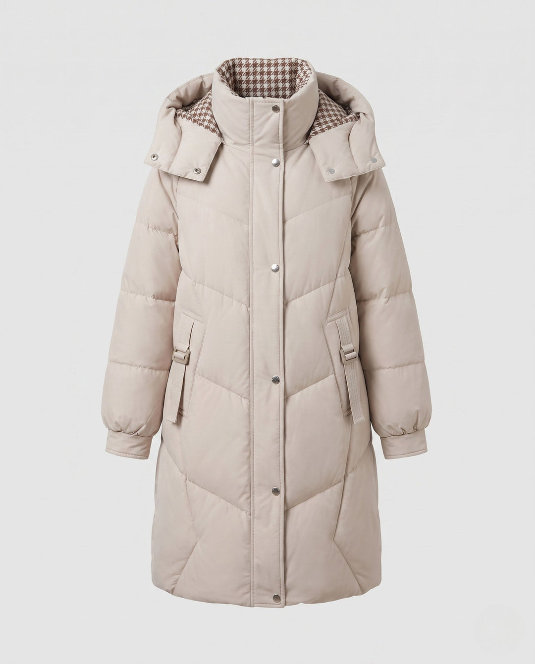 Dam Mid-Length Thermo med Huva Kappa med Asymmetrisk Chevron Quilting och Vindtät Outer Shell