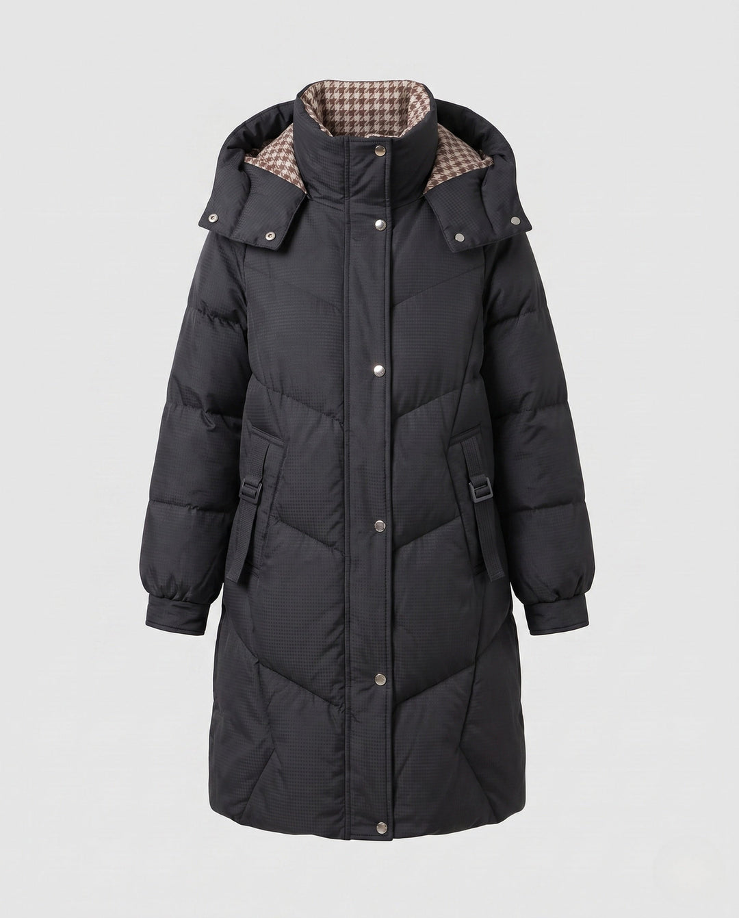 Dam Mid-Length Thermo med Huva Kappa med Asymmetrisk Chevron Quilting och Vindtät Outer Shell