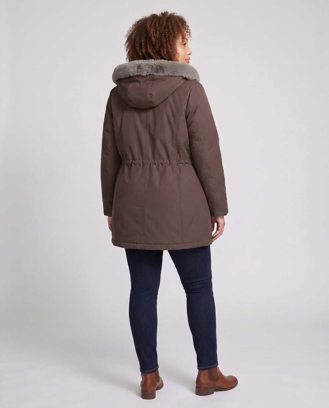 Dam Knee-Length Thermoparkas med Avtagbar Teddy Huva, Drawstring Waist och Dold Front Lock